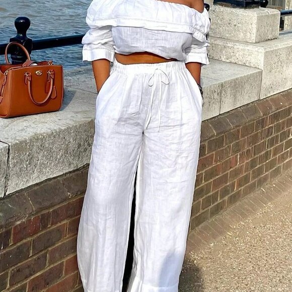 White Casual Women's Set Off-The-Shoulder Crop Top & Pants Set - Picture 5 of 5